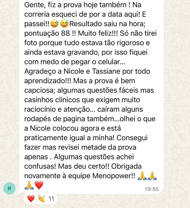 Print da mensagem da Dra. Roberta no grupo, com o resultado da prova MSCP