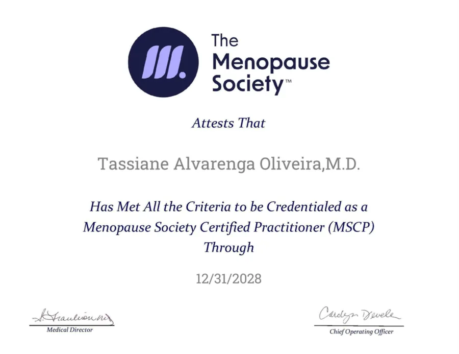 Certificado MSCP da Dra. Tassiane Alvarenga, emitido pela The Menopause Society